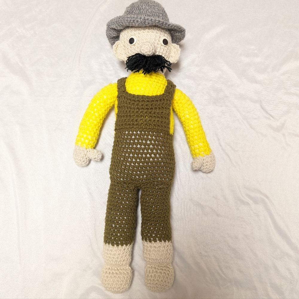 Amigurumi Hand‎ Made Large 24" Grandpa Farmer Plush Doll Mustache Hat Overalls